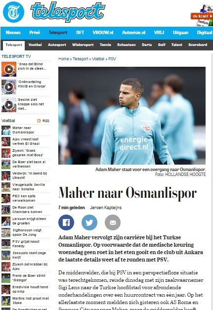 Fenerbahçe'ye transfer olacağı konuşulan Adam Maher hakkında Hollanda basınında oyuncunun Osmanlıspor ile el sıkıştığı belirtildi.