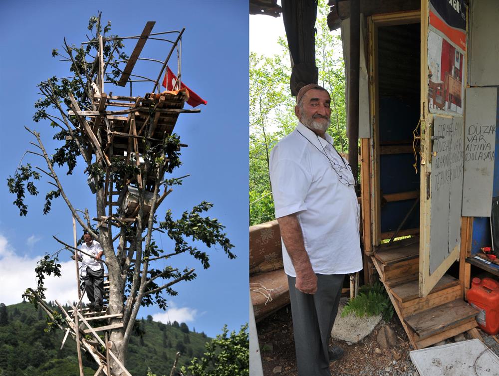 Rize'nin Güneysu ilçesine bağlı İslahiye köyünde arıcılık yapan 70 yaşındaki Nuri Bostan, kovanlarını ayılardan korumak ve ayıları gözetlemek kule inşa etti.