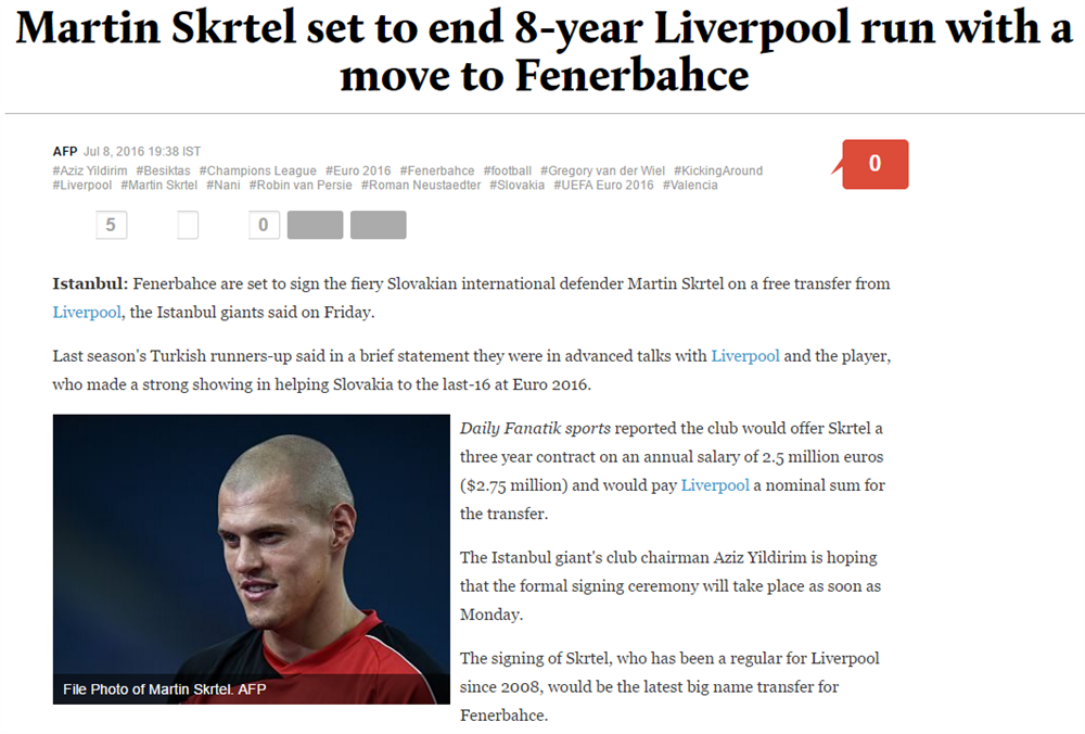 Liverpool'un Skrtel transferi için Fenerbahçe'den bonservis bedeli talep etmediği öğrenildi.