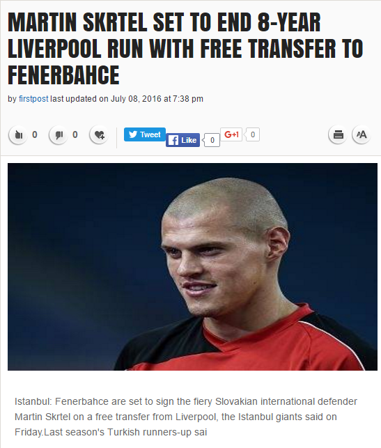 Martin Skrtel'in Fenerbahçe'ye bedelsiz olarak geleceği belirtiliyor.