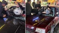 Otomobile çarpan motosiklet sürücüsü camdan içeri girdi