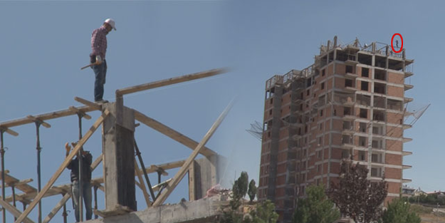 13. katta çalışan işçinin rahatlığı, görenlerin yüreğini ağzına getirdi