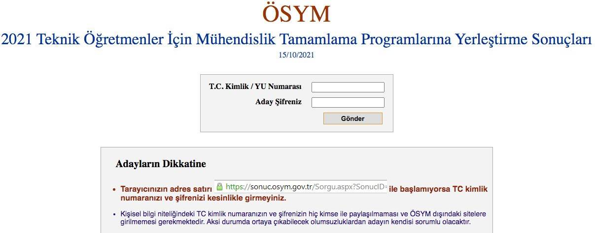 2021 mühendislik tamamlama yerleştirme sonuçları sorgulama ekranı