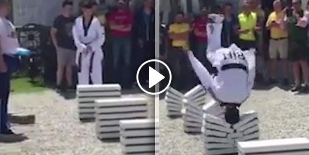 25 saniyede 90 tane beton bloğu kafasıyla kırdı