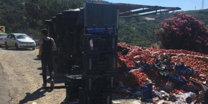 20 ton domates yüklü TIR devrildi