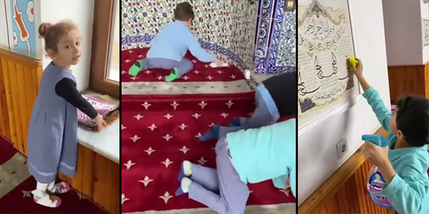 4-6 yaş Kur'an kursu talebelerinin iç ısıtan görüntüleri! Eğitim aldıkları camiyi temizlediler