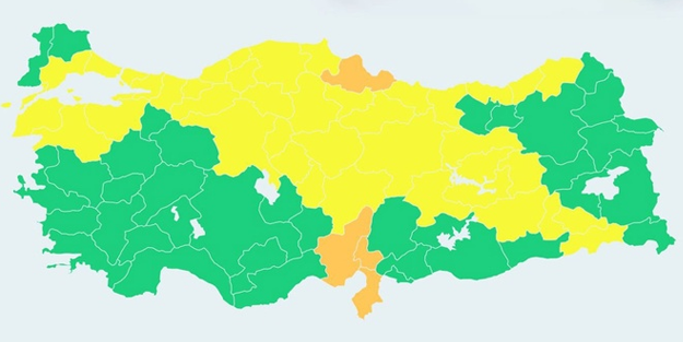 4 il için turuncu 44 il için ise sarı kodlu uyarı