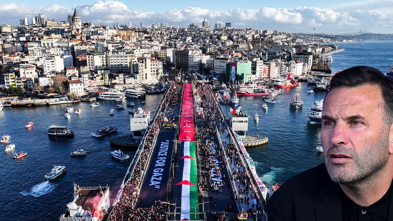 500 binden fazla kişiyle birlikte Galata’ya giden Okan Buruk: Filistin’i hiç unutmadan yaşamalıyız
