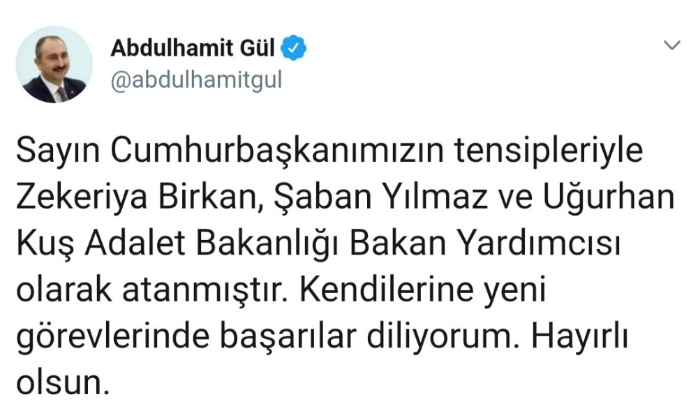 Adalet Bakanı Gül’den yeni yardımcılarına ‘hayırlı olsun’ mesajı 