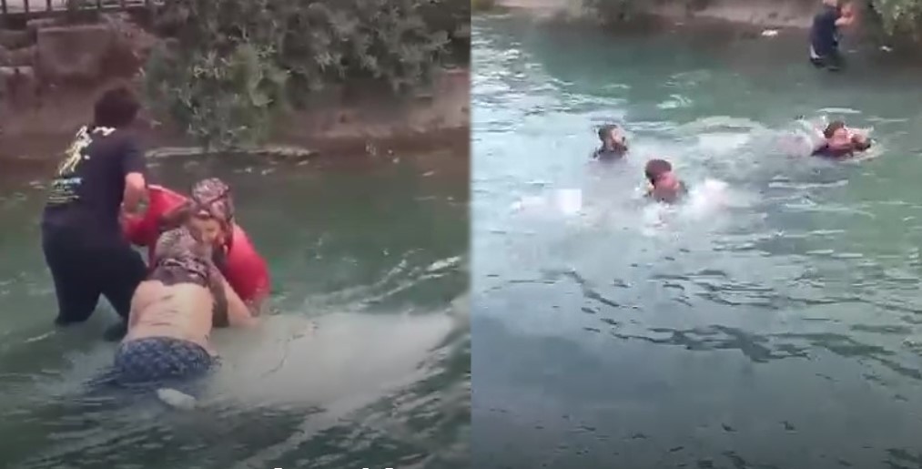 Araba sulama kanalına uçtu! 6 kişi hayata böyle tutundu!