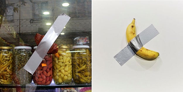Aslında kendisi yapışır ama sanata katkı sunmak için bantladık