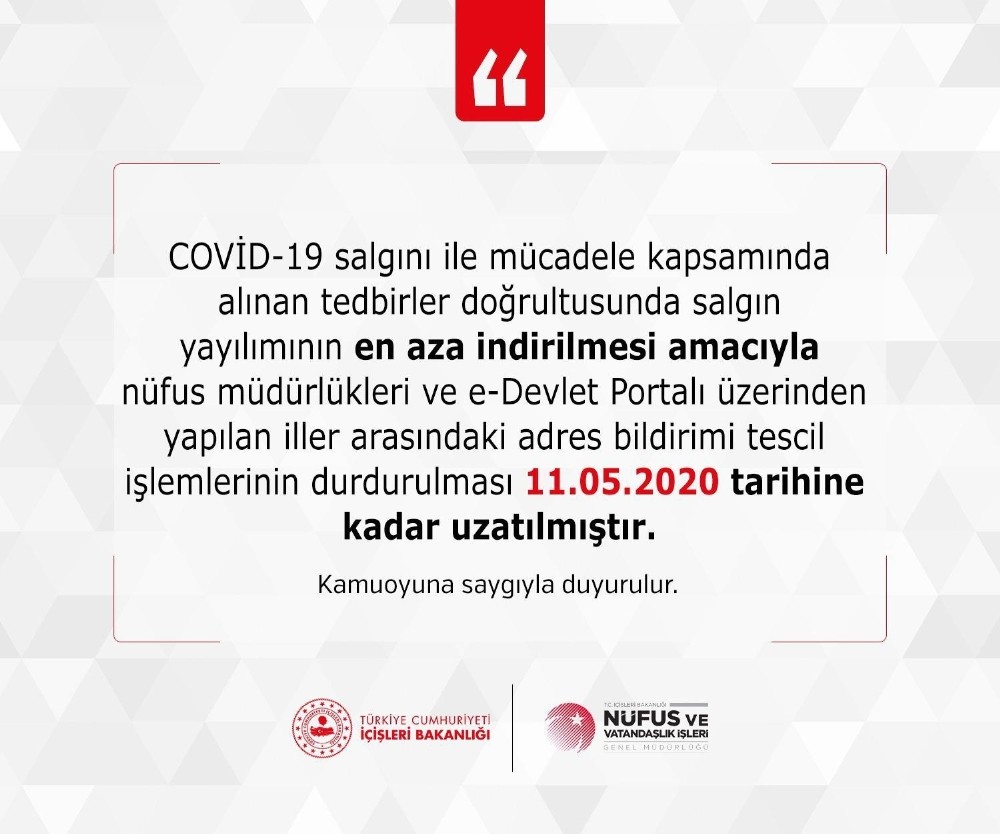 Adres bildirimi tescil işlemlerinin durdurulma süresi uzatıldı 
