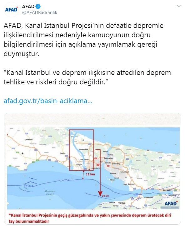 AFAD: ”Kanal İstanbul ve deprem ilişkisine atfedilen deprem tehlike ve riskleri doğru değildir” 
