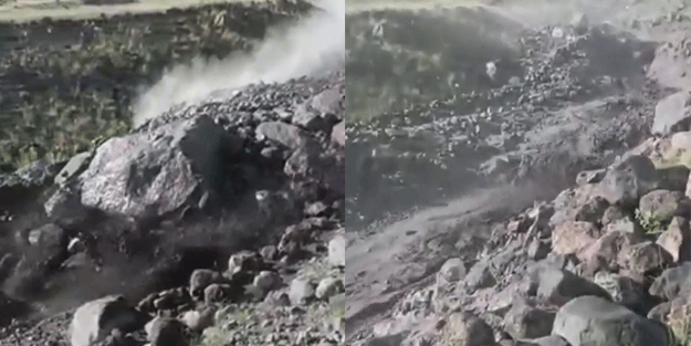 Ağrı Dağı'nda dehşete düşüren görüntü! Sel suları dev kayaları sürükledi