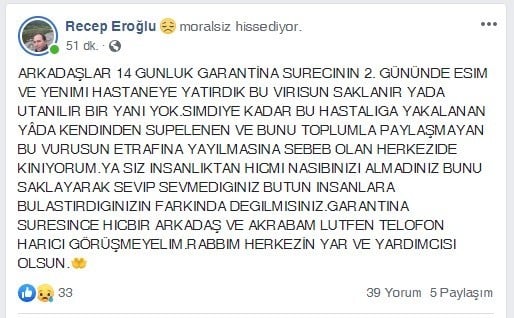 Ailesindeki virüs şüphesini sosyal medyadan duyurdu 