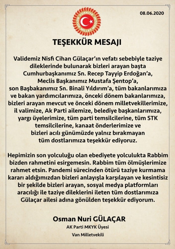 AK Parti’li Gülaçar’dan teşekkür mesajı 