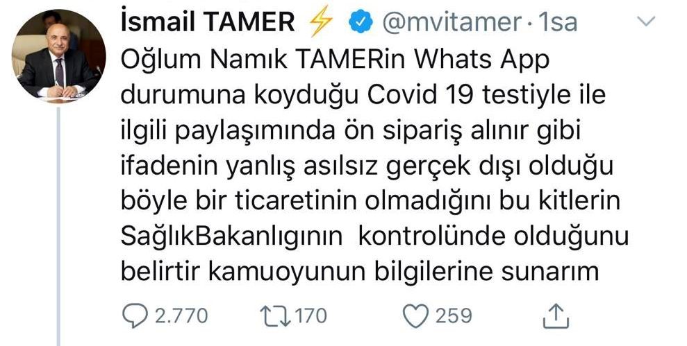 AK Partili Tamer’den Virüs Kiti İddialarına Yanıt 