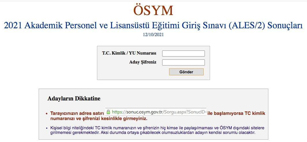 ALES 2 sonuçları sorgulama ekranı sonuc ÖSYM gov tr