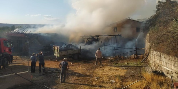 Alevlere teslim olan ahır ve samanlık küle döndü