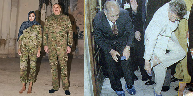 Aliyev'in görüntüleri Sezer'in galoşlu cami ziyaretini akıllara getirdi