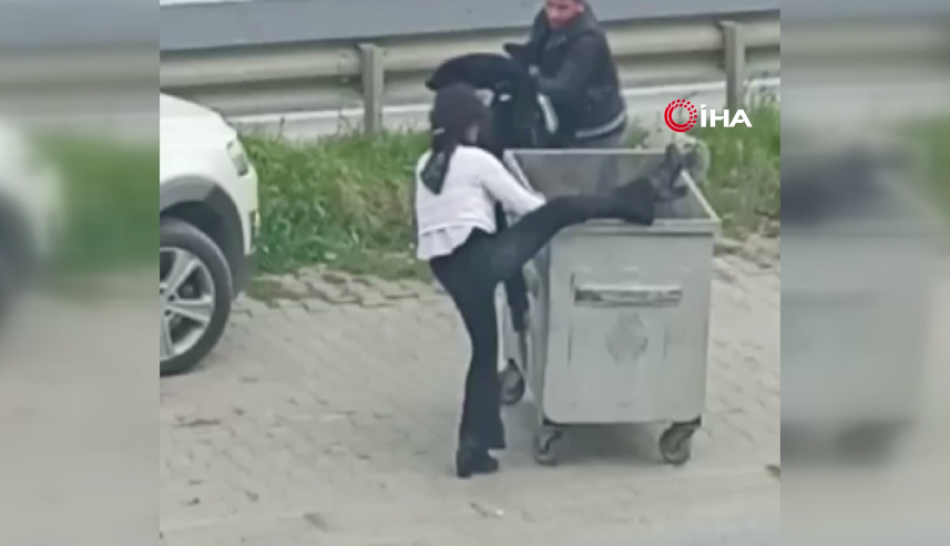 Alkollü kadın çöp konteynerine girmeye çalıştı!
