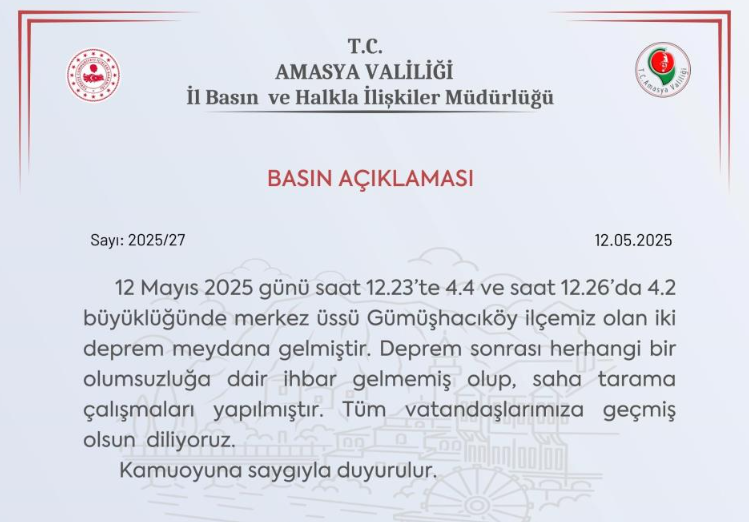 Amasya Valiliği’nden deprem açıklaması