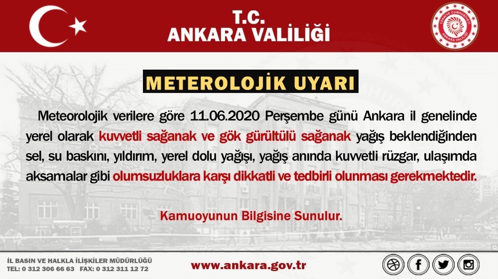 Ankara Valiliği’nden sağanak yağış uyarısı 