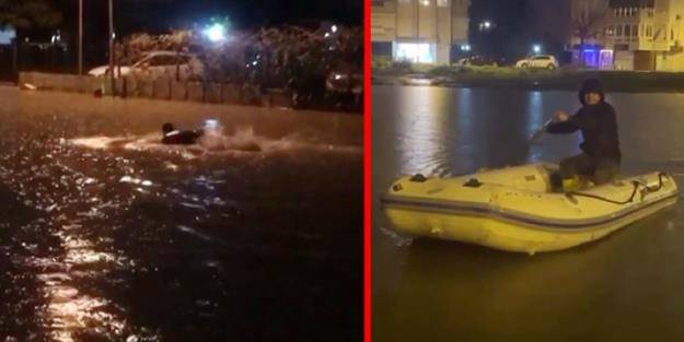Antalya'da gölete dönen yolda kürek çekti