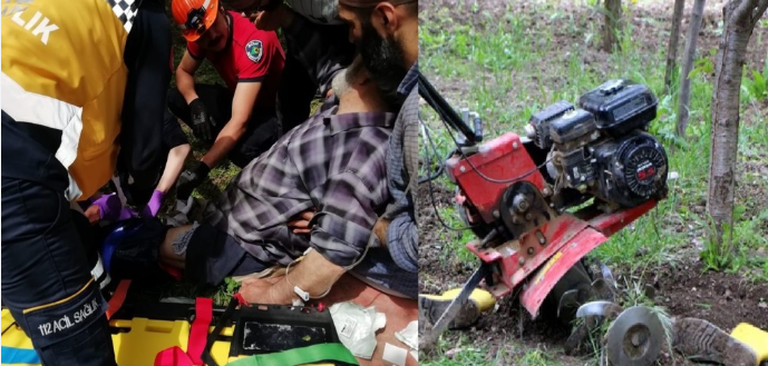 Ayağı çapa makinesine sıkıştı 112 acil yetişti