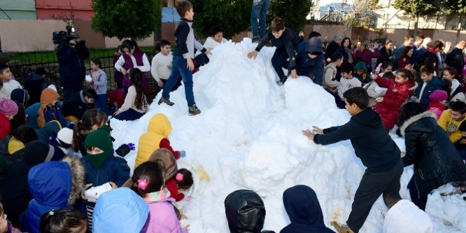 Okul bahçesine kar getirdi