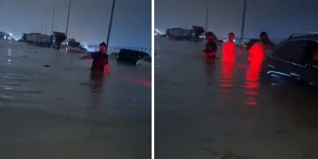 BAE’yi sel vurdu: Onlarca araç yolda mahsur kaldı