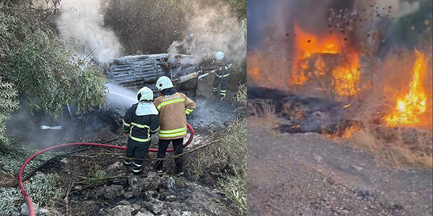 Bahçeye uçan otomobil alev aldı: Yanarak can verdi