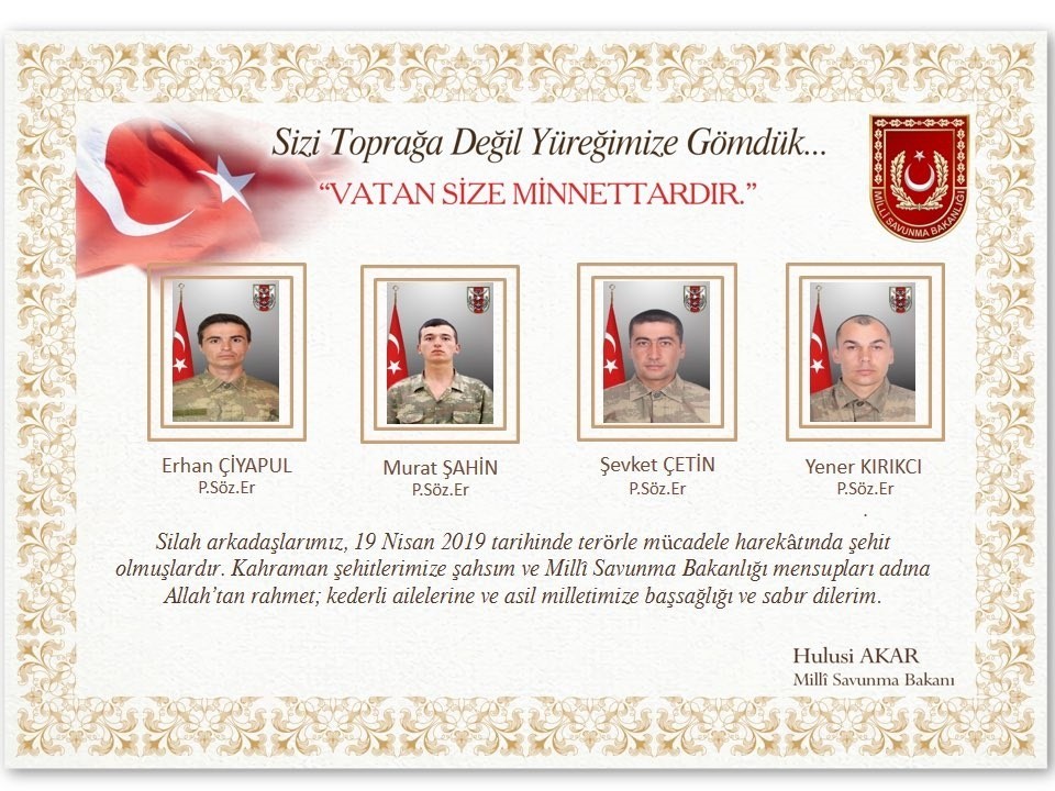 Bakan Akar’dan şehitlere başsağlığı mesajı 