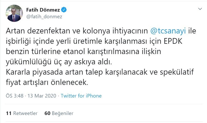 Bakan Dönmez: “EPDK benzin türlerine etanol karıştırılmasına ilişkin yükümlülüğü 3 ay askıya aldı” 