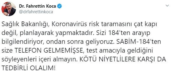 Bakan Koca: “Sağlık Bakanlığı, korona virüs risk taramasını çat kapı değil, planlayarak yapmaktadır” 
