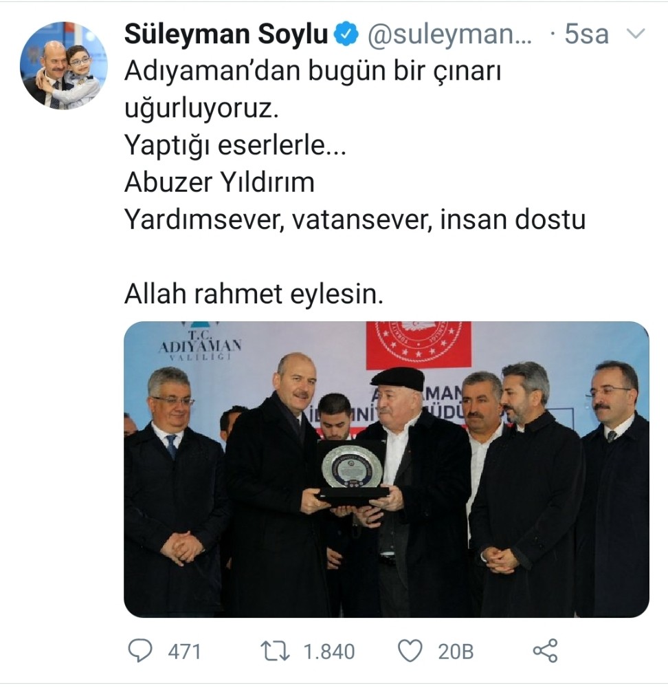 Bakan Soylu’dan Abuzer Yıldırım için başsağlığı mesajı 