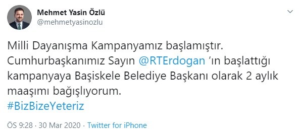 Başkan Özlü ve Bıyık ikişer maaşını bağışladı 