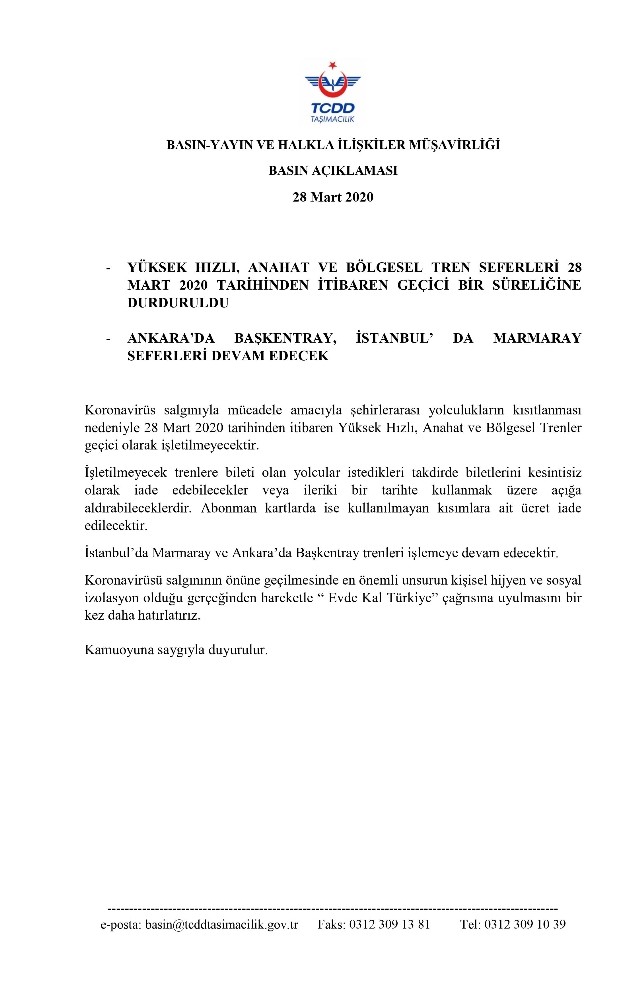 Başkentray ve Marmaray dışındaki tren seferleri durduruldu 
