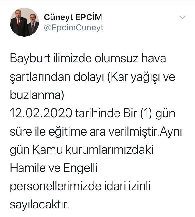 Bayburt genelinde kar tatili 