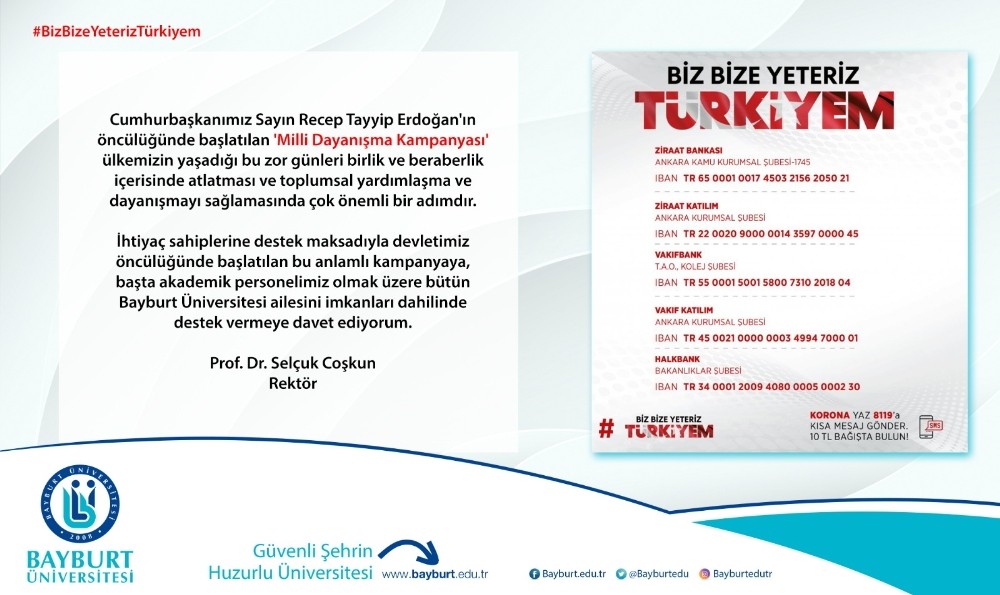 Bayburt Üniversitesinden ‘Milli Dayanışma Kampanyası’na destek 