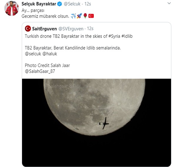 Bayraktar’dan İdlib semalarında dolunayla buluşan yerli İHA paylaşımı 