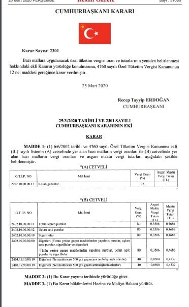 Bazı tütün ürünleri ve kolalı gazozlardaki ÖTV oranları yeniden belirlendi 