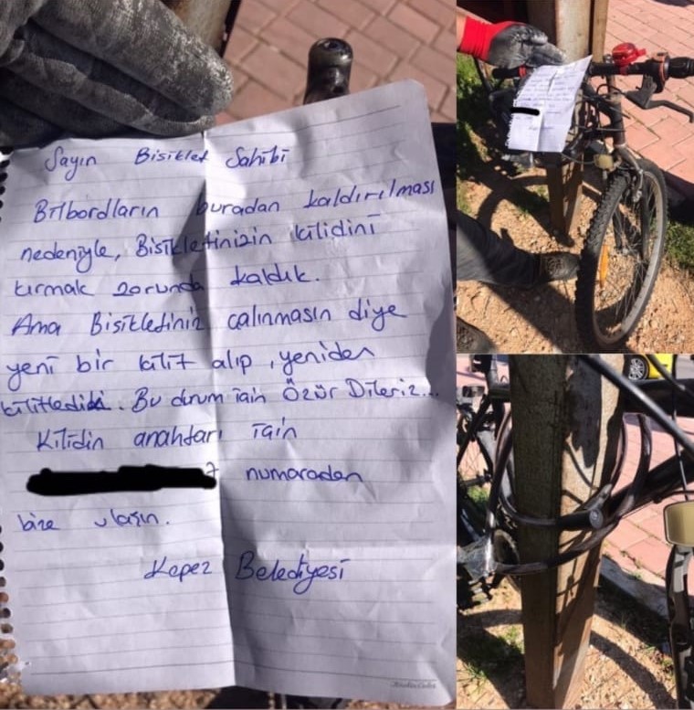 Belediye ekiplerinden kırdıkları kilit için özür notu 