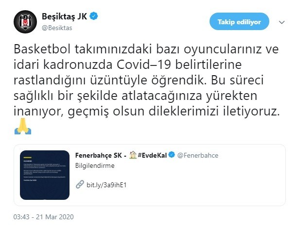 Beşiktaş’tan Fenerbahçe’ye geçmiş olsun mesajı 