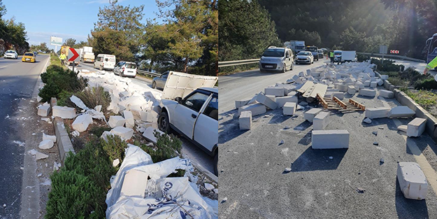 Betonlar yola saçıldı! Tehlikeli kaza