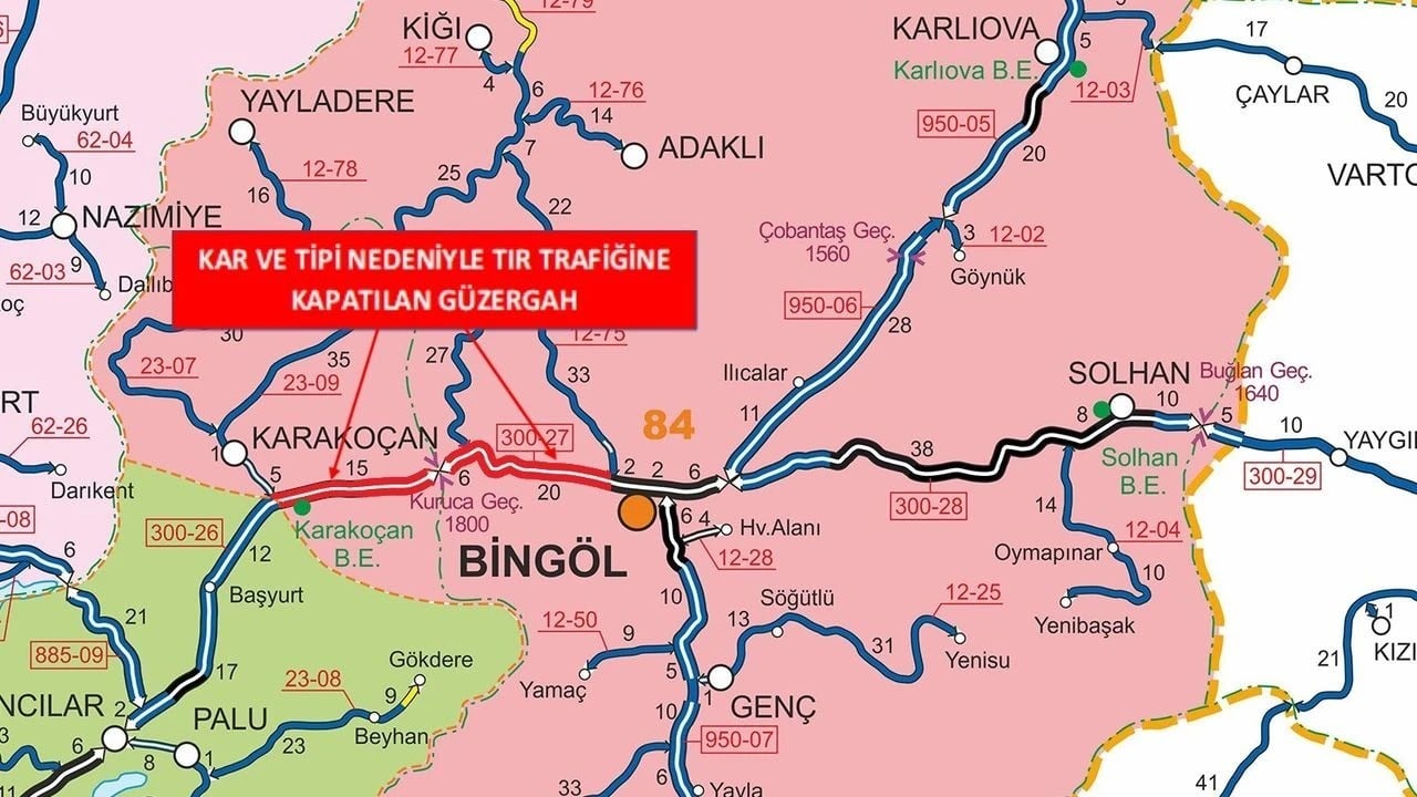 Bingöl’de yoğun kar ve tipi nedeniyle bazı yollar ağır taşıt trafiğine kapatıldı