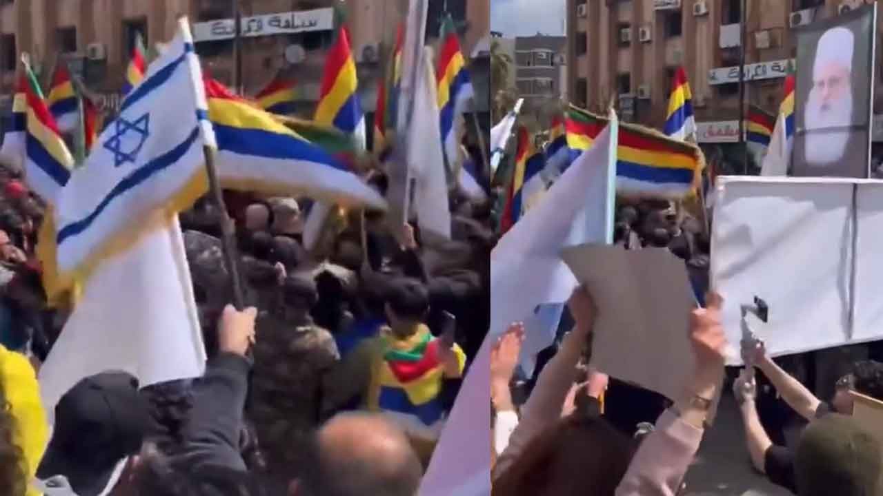 Bir yanda Siyonist paçavrası, bir yanda teröristbaşının bez parçası! Burası Tel Aviv değil Suriye