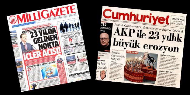 Biri laiklik yerle bir diyor diğeri laiklik aldı başını gitti diyor! Karşıt kardeşlerin manşet buluşması tam ibretlik