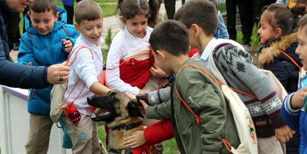 Bolu'da minik öğrenciler, hastane açılışında köpekleri sevdi