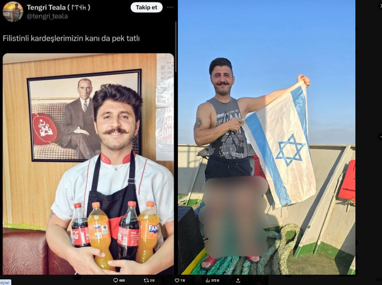 Bu adam hala neden tutuklanmadı! Filistinlilerin kanı pek de tatlı diyerek İsrail bayrağı açmıştı. Irkçı Kemalist Saraçhane’de görüntülendi